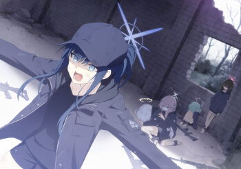 5girls assault_rifle atsuko_(blue_archive) azusa_(blue_archive) bandaid bandaid_on_face barefoot baseball_cap black_hair black_hat black_jacket black_shirt black_shorts blue_archive blue_eyes blue_hair blue_halo brown_hair bruise cuffs dirty dirty_clothes eyes_visible_through_hair game_cg gun hair_over_one_eye halo hat highres hiyori_(blue_archive) injury jacket long_hair misaki_(blue_archive) multiple_girls non-web_source official_art open_mouth ponytail purple_hair red_halo rifle ruins saori_(blue_archive) scar shackles shaded_face shirt shorts spoilers weapon white_hair white_halo white_mask yellow_halo