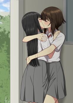 2girls absurdres black_hair brown_hair closed_eyes collared_shirt commentary_request day french_kiss grey_skirt highres kiss long_hair medium_hair multiple_girls original outdoors pleated_skirt ryuusa shirt skirt white_shirt yuri