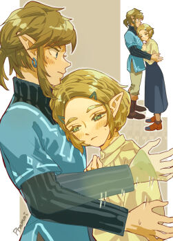 1boy 1girl absurdres aqua_tunic artist_name black_sweater blonde_hair blue_eyes blue_skirt blush border bow braid brown_bow couple crown_braid earrings full_body green_eyes grey_background grey_pants hair_ornament hairclip height_difference hetero highres jewelry link long_skirt medium_hair nervous_sweating nintendo pants parted_bangs pointy_ears ponytail pramai_(lim) princess_zelda shirt short_hair sidelocks skirt stairs sweat sweatdrop sweater the_legend_of_zelda the_legend_of_zelda:_tears_of_the_kingdom tunic turtleneck turtleneck_sweater upper_body white_border white_shirt wide-eyed