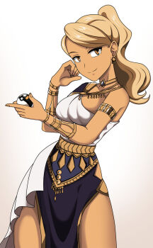 1girl ancient_greek_clothes arm_up armlet bare_legs bare_shoulders beauty_(pokemon) blonde_hair bracelet breasts brown_eyes choker choker_jewel closed_mouth collarbone cosplay dancer dancer_(fire_emblem:_three_houses) dress earrings eyelashes fire_emblem fire_emblem:_three_houses gem greco-roman_clothes hand_on_own_cheek hand_on_own_face high_ponytail highres holding holding_poke_ball jewelry long_hair medium_breasts nintendo pelvic_curtain poke_ball pokemon pokemon_sun_and_moon ponytail side_slit simple_background single-shoulder_dress smile solo split_mouth standing tan thighs ultra_ball upper_body vivivoovoo white_dress