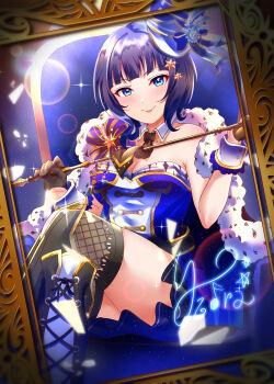 Rule 34 | 1girl, absurdres, asaka karin, asaka karin (tentation bleu), black gloves, blue background, blue eyes, blue hair, blue hat, blue skirt, boots, breasts, cape, cleavage, collarbone, commentary request, crossed legs, detached collar, fishnet thighhighs, fishnets, gloves, hair ornament, hat, highres, holding, holding riding crop, kuntze, light blush, looking at viewer, love live!, love live! nijigasaki high school idol club, medium breasts, mole, mole on collarbone, multicolored shirt, naughty face, necktie, picture frame, riding crop, skirt, smile, solo, sparkle, thighhighs, thighs, tongue, tongue out, wrist cuffs