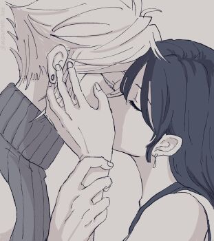 1boy 1girl bare_shoulders black_hair close-up closed_eyes cloud_strife couple earrings face-to-face final_fantasy final_fantasy_vii final_fantasy_vii_remake from_side greyscale hair_behind_ear hand_on_another's_arm hand_on_another's_cheek hand_on_another's_face hashtag-only_commentary hetero highres jewelry kiss long_hair mizuti0810 monochrome profile ribbed_sweater short_hair sleeveless sleeveless_turtleneck spiked_hair stud_earrings suspenders sweater tifa_lockhart turtleneck turtleneck_sweater upper_body