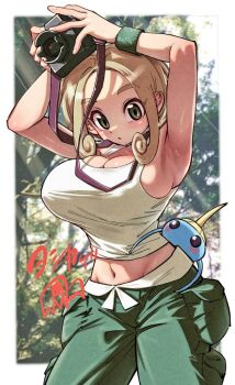 1girl blonde_hair breasts camera capri_pants gen_3_pokemon green_eyes green_pants holding holding_camera large_breasts midriff nintendo pants pokemon pokemon_(creature) pokemon_xy shirt sleeveless sleeveless_shirt surskit viola_(pokemon) white_shirt wristband yoshikage_(yo4kage)