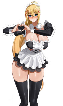 1girl black_dress black_thighhighs blonde_hair blue_eyes blush breasts cleavage darkness_(konosuba) detached_collar detached_sleeves dress embarrassed frilled_skirt frilled_sleeves frills hair_between_eyes hair_ornament hairclip heart heart_hands highres kono_subarashii_sekai_ni_shukufuku_wo! large_breasts long_hair long_sleeves maid maid_headdress nervous_smile ponytail senju_(snz0) skirt smile solo thick_thighs thighhighs thighs trembling very_long_hair