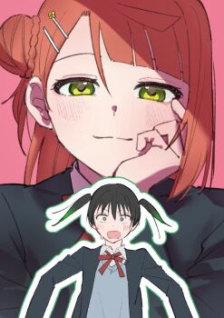 2girls :o asymmetrical_bangs black_hair black_jacket blazer blunt_bangs blush braid bun_with_braided_base collared_shirt commentary_request constricted_pupils doujinshi_cover_trope_(trend) flustered gradient_hair green_eyes green_hair grey_sweater hair_bun hair_ornament hairpin hand_on_own_face head_rest highres jacket love_live! love_live!_nijigasaki_high_school_idol_club medium_hair multicolored_hair multiple_girls neck_ribbon nervous_sweating nijigasaki_school_uniform open_mouth orange_hair outline pink_background projected_inset red_ribbon ribbon school_uniform shirt short_hair single_hair_bun single_side_bun smile smug stota1320 sweat sweater takasaki_yu twintails uehara_ayumu upper_body white_outline white_shirt