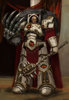 1boy absurdres armor bald boots breastplate cape clawed_gauntlets closed_mouth eyes_of_horus_(warhammer_40k) full_armor gauntlets ginjima gold_trim greaves highres holding holding_mace holding_weapon horus_lupercal imperial_aquila imperium_of_man luna_wolves mace ornate_armor pauldrons pelt power_armor primarch shoulder_armor slit_pupils solo spiked_mace spikes storm_bolter terminator_armor warhammer_40k weapon white_armor