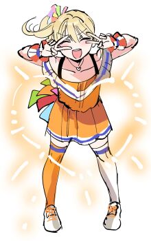 1girl 4ding :d ^_^ closed_eyes double_v facing_viewer heart heart_necklace highres jewelry love_live! love_live!_nijigasaki_high_school_idol_club miniskirt mismatched_thighhighs miyashita_ai necklace off-shoulder_shirt off_shoulder open_mouth orange_shirt orange_skirt orange_thighhighs pleated_skirt saiko_heart_(love_live!) shirt shoes side_ponytail skirt smile sneakers solo thighhighs v v-shaped_eyebrows v_over_eye white_shoes white_thighhighs