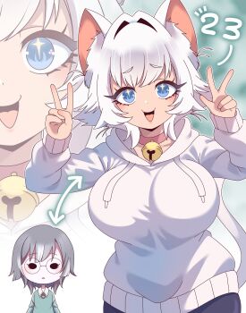 2girls :d absurdres animal_ear_fluff animal_ears arrow_(symbol) bell blue_eyes breasts cat_ears cat_tail chibi chibi_inset collar commentary drawstring english_commentary erigo glasses grey_hair hair_intakes hifumi_suu highres hood hood_down hoodie huge_breasts jacket jingle_bell kimi_no_koto_ga_dai_dai_dai_dai_daisuki_na_100-nin_no_kanojo long_sleeves looking_at_viewer multiple_girls neck_bell nekonari_tama open_clothes open_jacket open_mouth personality_switch pink_collar round_eyewear short_hair smile solid_circle_eyes sparkling_eyes tail v w white_hair white_hoodie zoom_layer