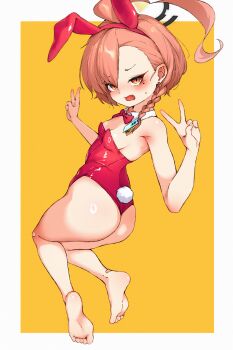 1girl ahoge animal_ear_hairband animal_ears ass asymmetrical_hair barefoot black_halo blue_archive bow bowtie braid breasts detached_collar donedone double_v fake_animal_ears fake_tail fang feet full_body hairband halo hands_up highres huge_ahoge korean_commentary leotard looking_at_viewer looking_back mole mole_under_each_eye mole_under_eye multiple_moles neru_(blue_archive) neru_(bunny)_(blue_archive) open_mouth orange_hair playboy_bunny rabbit_ears rabbit_tail red_bow red_bowtie red_eyes red_leotard ring_light_reflection short_hair single_braid small_breasts solo strapless strapless_leotard tag tail thong_leotard v yellow_background
