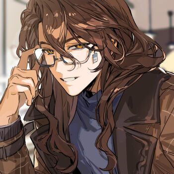 Rule 34 | 1boy, adjusting eyewear, asymmetrical bangs, blurry, brown hair, brown jacket, collared jacket, commentary request, depth of field, glasses, granblue fantasy, grey sweater, grin, hand up, highres, indoors, jacket, keita kg85, long hair, looking at viewer, male focus, open clothes, open jacket, orange eyes, siegfried (granblue fantasy), smile, solo, sweater, teeth, turtleneck, turtleneck sweater, upper body, wavy hair