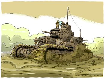 2boys brown_sky cannon cloud cloudy_sky day furry highres military military_vehicle motor_vehicle mud multiple_boys on_tank original searchlight sky stuck tank turret vehicle_request yabarn