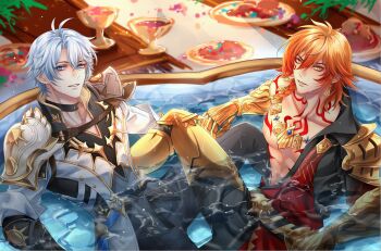 Rule 34 | 2boys, antenna hair, arm tattoo, armlet, armor, black choker, black coat, black pants, black shirt, blonde hair, blue eyes, braid, chest tattoo, chinese commentary, choker, clawed gauntlets, coat, commentary request, earrings, facial tattoo, gold earrings, gold necklace, gradient hair, honkai: star rail, honkai (series), jewelry, leg armor, male focus, medium hair, miaowowo14940, multicolored hair, multiple boys, mydei (honkai: star rail), neck tattoo, necklace, open clothes, open coat, pants, parted bangs, partially submerged, pauldrons, phainon (honkai: star rail), red hair, red tattoo, shared bathing, shirt, short hair, shoulder armor, side braid, single pauldron, sun symbol, sun tattoo, tan, tattoo, wet, wet clothes, white coat, white hair, yellow eyes