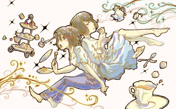 barefoot black_hair blue_eyes cake chocolate_icing cookie cup cupcake dessert fantasy food four-pointed_star icing ki_(kumanekotomoko) kill_la_kill kiryuuin_satsuki matoi_ryuuko mixed_media multicolored_hair pastry saucer shirt siblings sisters skinny_jeans spilling streaked_hair sugar_cube swiss_roll t-shirt tea tea_set teacup teapot thick_eyebrows tiered_tray toes tray two-tone_hair