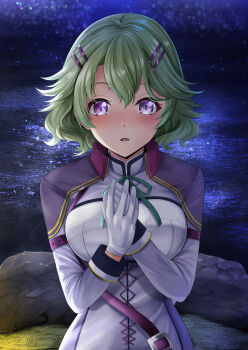 Rule 34 | 1girl, absurdres, bow, bowtie, breasts, double-parted bangs, eiyuu densetsu, gloves, green bow, green bowtie, green hair, hair between eyes, highres, kagura yuuto, looking at viewer, medium breasts, musse egret, night, night sky, ocean, outdoors, purple eyes, sen no kiseki, sen no kiseki (series), sen no kiseki iv, short hair, sky, solo, star (sky), starry sky, upper body, white gloves