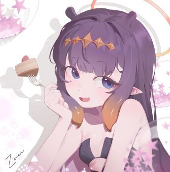 1girl black_dress blue_eyes breasts cake cake_slice diamond_hairband dress food fork hairband highres holding holding_fork hololive hololive_english looking_at_viewer ninomae_ina'nis ninomae_ina'nis_(1st_costume) open_mouth orange_hair orange_hairband pointy_ears purple_hair shadow small_breasts solo tentacle_hair virtual_youtuber zoer