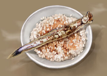 bowl brown_background fish_(food) food food_focus grilled_fish highres kaneko_ryou no_humans original rice simple_background squid steam still_life