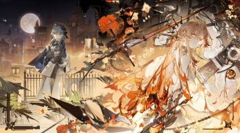 a9219669 barding bare_shoulders black_shawl breasts chain cinderella_(silver_palace) cityscape clock clock_tower commentary_request dress dual_persona european_architecture fence flower full_moon hair_flower hair_ornament horse iron_fence lamppost long_hair long_sleeves looking_at_viewer medium_breasts messy_hair moon multicolored_hair night pink_hair plant red_flower red_hair shawl silver_palace sword tower two-tone_hair weapon white_dress white_flower white_hair white_horse