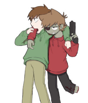 Rule 34 | 2boys, akt xp, amputee, animification, antenna hair, arm around shoulder, black eyes, black pants, blood, blood on clothes, brown hair, brown pants, colored skin, commentary request, drawstring, edd (eddsworld), eddsworld, fewer digits, flipped hair, green hoodie, green skin, gun, hair behind ear, hair ears, hand on another's arm, holding, holding gun, holding weapon, hood, hood down, hoodie, jitome, long sleeves, male focus, missing eye, multiple boys, open mouth, pants, profile, red hoodie, short hair, simple background, standing, swept bangs, tord (eddsworld), weapon, white background, zombie