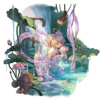 1girl alpha_transparency andira_(granblue_fantasy) andira_(summer)_(granblue_fantasy) animal_ears bare_shoulders blonde_hair blush breasts cleavage collarbone detached_sleeves double_bun erune fish flower granblue_fantasy hair_bun hair_flower hair_ornament jewelry lily_pad minaba_hideo monkey monkey_ears monkey_tail official_art one-piece_swimsuit open_mouth short_hair small_breasts smile standing swimsuit tail thighlet transparent_background two_side_up wading water waterfall wet