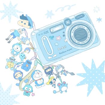 adventure_time blue_theme bubbles_(ppg) camera character_charm character_request charm_(object) chuu_totoro commentary cookie_monster copyright_request digital_camera doraemon doraemon_(character) dororo_(keroro_gunsou) english_text finn_the_human gen_1_pokemon gen_2_pokemon hangyodon heisei_retro highres keroro_gunsou kodak_(company) kunai marill nintendo pokemon pokemon_(creature) powerpuff_girls sanrio sesame_street shuriken squirtle star_(symbol) sticker summernight_12 symbol-only_commentary tonari_no_totoro tuxedo_sam weapon white_background