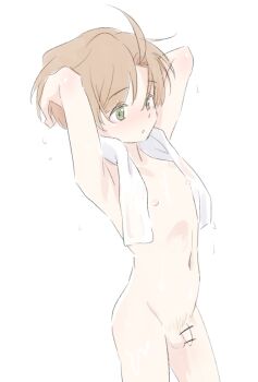 1boy bar_censor censored dondoko_mozutaro glasses green_eyes jinnai_enta male_focus nipples nude orange_hair penis pubic_hair sarazanmai shota solo towel towel_around_neck wet white_background