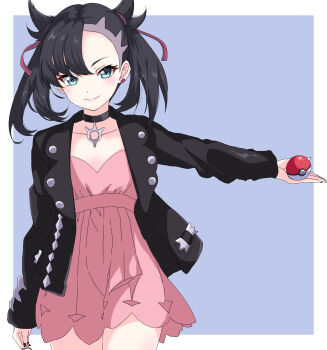 1girl aqua_eyes asymmetrical_bangs black_choker black_hair black_jacket black_nails choker closed_mouth commentary_request cowboy_shot dress ear_piercing hair_ribbon highres holding holding_poke_ball jacket marnie_(pokemon) nintendo piercing pink_dress poke_ball poke_ball_(basic) pokemon pokemon_swsh red_ribbon ribbon short_dress smile solo tarokichi twintails undercut