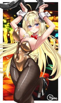 1girl absurdres animal_ears armpits arms_up between_breasts blonde_hair blurry blurry_background blush bow bowtie breasts covered_navel curled_horns detached_collar fake_animal_ears fishnet_pantyhose fishnets high_heels highleg highleg_leotard highres hololive horns inokeiwd large_breasts leotard long_hair looking_at_viewer pantyhose playboy_bunny purple_eyes rabbit_ears rabbit_pose strapless strapless_leotard tail tsunomaki_watame virtual_youtuber wrist_cuffs