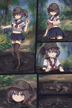 1girl absurdres blurry blurry_background bottomless brown_hair comic commentary_request flying_sweatdrops frown hair_between_eyes hat highres looking_down midriff miniskirt motion_lines nero_augustus open_mouth original outdoors panels path plant ponytail quicksand road sailor_collar school_uniform serafuku sidelocks sinking skirt struggling submerged sweatdrop tearing_up thighhighs