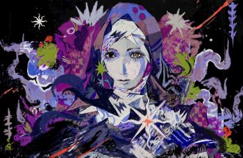 Rule 34 | 1girl, abstract background, absurdres, black capelet, black hood, capelet, coif, elden ring, elden ring nightreign, gameplay ability, gameplay mechanics, highres, looking at viewer, lululu0111, nun, pale skin, portrait, solo, star (symbol), undertaker (elden ring), white coif