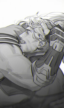 2boys armor beard_stubble blurry cape chromatic_aberration commentary couple depth_of_field facial_hair fingerless_gloves gloves greyscale guardians_of_the_galaxy hashtag-only_commentary highres hug limach-an male_focus marvel monochrome multiple_boys muscular muscular_male open_mouth peter_quill profile short_hair smile star-lord stubble symbol-only_commentary thor_(marvel) thor_(marvel)_(series) upper_body white_background yaoi