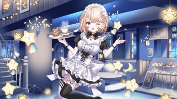 1girl apron asymmetrical_legwear black_collar black_sleeves black_thighhighs blonde_hair braid cake cake_slice campanella_(vtuber) collar commentary_request commission corset couch dessert detached_collar donut dress food frilled_dress frills highres holding holding_tray indie_virtual_youtuber indoors kompeitou_(lemon_garden) layered_sleeves looking_at_viewer maid maid_apron maid_headdress mismatched_legwear one_eye_closed open_mouth purple_eyes second-party_source short_hair skeb_commission solo stairs star_(symbol) thighhighs tray virtual_youtuber white_corset white_dress white_headdress white_thighhighs window