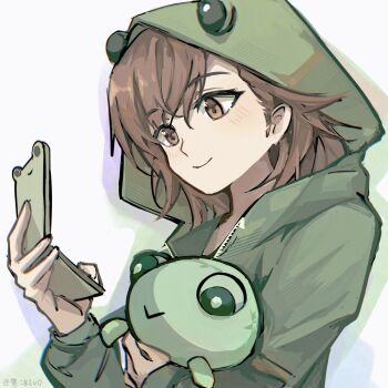 Rule 34 | 1girl, animal hood, brown eyes, brown hair, closed mouth, commentary, frog hood, gekota, green jacket, hby-fan, highres, hood, hooded jacket, jacket, long sleeves, looking at phone, misaka mikoto, phone, short hair, smile, solo, stuffed animal, stuffed frog, stuffed toy, toaru kagaku no railgun, toaru majutsu no index, white background