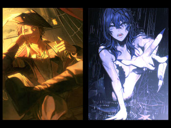 1boy 1girl absurdres alternate_costume alternate_universe black_boots black_hat boots breasts claude_von_riegan clothed_male_nude_female completely_nude dark-skinned_male dark_skin female_byleth_(fire_emblem) fingernails fire_emblem fire_emblem:_three_houses hat highres knee_boots medium_breasts mermaid monster_girl monsterification nintendo nude pirate pirate_hat rain reaching reaching_towards_viewer sharp_fingernails zhihaiwusheng