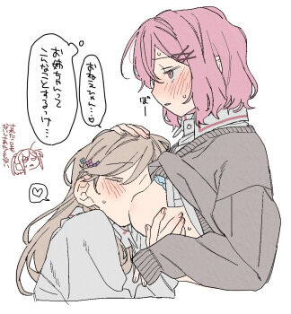 2girls amaori_renako ashigaya_high_school_uniform blush closed_eyes commentary_request dayama ear_blush flat_color flower_hairpin highres long_hair medium_hair multiple_girls pink_hair school_uniform sena_ajisai simple_background speech_bubble sweat watashi_ga_koibito_ni_nareru_wake_naijan_murimuri! white_background yuri