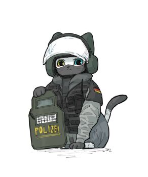 ballistic_face_shield ballistic_helmet ballistic_shield blitz_(rainbow_six_siege) blue_eyes bulletproof_vest cat dazzler_(weapon) electroshock_weapon flash_shield flashlight g52-tactical_shield golaegun green_eyes gsg_9 heterochromia less-than-lethal_weapon looking_at_viewer no_humans police rainbow_six rainbow_six_siege riot_shield shield simple_background solo stun_shield visor visor_(armor) walkie-talkie white_background