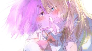 2girls amaori_renako ao_(aymr6215) blonde_hair blue_eyes blush bow bowtie closed_mouth commentary couple eye_contact hair_ornament hairclip hand_on_another&#039;s_cheek hand_on_another&#039;s_face highres holding_hands long_hair looking_at_another multiple_girls ouzuka_mai parallel_hairclips pink_hair purple_eyes red_bow red_bowtie shirt short_hair simple_background upper_body watashi_ga_koibito_ni_nareru_wake_naijan_murimuri! white_background white_shirt yuri