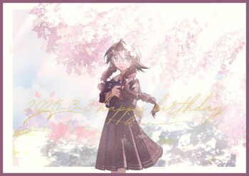 Rule 34 | 1girl, book, border, braid, closed mouth, collared shirt, commentary request, cowboy shot, danganronpa: trigger happy havoc, danganronpa (series), dated, english text, fukawa toko, glasses, happy birthday, highres, holding, holding book, long hair, long sleeves, mole, mole under mouth, outdoors, pato 810, purple border, purple hair, purple shirt, purple skirt, round eyewear, shirt, signature, skirt, solo, twin braids, twintails