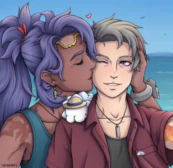 2girls aqua_tank_top arm_tattoo beach black_tank_top bracelet clothed_pokemon dark-skinned_female dark_skin day earrings eyewear_on_head gen_8_pokemon glasses grey_hair hat heart highres itsraijet jetsam_(itsraijet) jewelry kiss kissing_cheek multiple_girls necklace nintendo on_shoulder one_eye_closed open_clothes open_shirt original outdoors pokemon pokemon_(creature) pokemon_on_shoulder pokemon_sv ponytail purple_eyes purple_hair raifort_(pokemon) red_shirt scar scar_across_eyebrow scar_on_face selfie shirt short_hair snom tank_top tattoo