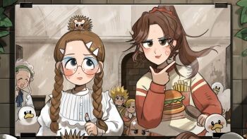 6+girls :d alternate_hairstyle bird blonde_hair blue_eyeshadow blue_ribbon braid brown_eyes brown_hair casual chicken clumsy_nun_(diva) commentary cosmetics diva_(hyxpk) duck english_commentary eyeshadow froggy_nun_(diva) glasses glasses_nun_(diva) green_hairband grey_hair hair_brush hairband hedgehog highres holding holding_lipstick_tube hungry_nun_(diva) lipstick lipstick_tube little_nuns_(diva) long_hair makeup mirror multiple_girls neck_ribbon open_mouth ponytail ribbon round_eyewear sheep_nun_(diva) smile spicy_nun_(diva) spiked_hair sweater twin_braids wavy_hair white_sweater