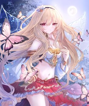 1girl aria_(shadowverse) bare_shoulders black_hairband blonde_hair breasts bug butterfly cleavage commentary_request detached_sleeves fairy_wings flower full_moon hair_flower hair_ornament hairband highres insect insect_wings long_hair looking_at_viewer medium_breasts midriff moon navel nite_01077 puffy_detached_sleeves puffy_sleeves red_eyes red_skirt shadowverse shadowverse:_worlds_beyond skirt solo transparent_wings very_long_hair white_flower white_sleeves wings