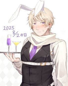 Rule 34 | 1boy, alcohol, animal ears, argyle background, axis powers hetalia, belt, black vest, blonde hair, blush, buttons, closed mouth, commentary request, cup, dated, drink, drinking glass, embarrassed, fake animal ears, hand up, harutoro 39487, highres, holding, holding tray, lapels, long sleeves, looking at viewer, male focus, necktie, pectorals, puffy long sleeves, puffy sleeves, purple eyes, purple necktie, rabbit ears, russia (hetalia), shirt, short hair, solo, sweatdrop, tray, upper body, vest, white background, white belt, white shirt