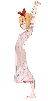 1girl absurdres arched_back arms_up barefoot blue_eyes blush bow_hairband breasts cinn_angl commentary dress feet from_side full_body hair_between_eyes hairband highres loli looking_at_viewer orange_hair parted_lips petra_leyte pink_dress re:zero_kara_hajimeru_isekai_seikatsu red_hairband red_ribbon ribbon see-through_clothes see-through_dress short_hair silhouette simple_background sketch small_breasts solo stretching toes white_background