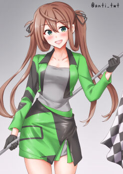 1girl alternate_breast_size_(larger) alternate_costume anti_(untea9) asagumo_(kancolle) blush breasts brown_hair checkered_flag collarbone cropped_jacket flag green_eyes green_jacket green_skirt grey_background grey_shirt hair_ribbon highres jacket kantai_collection long_hair long_sleeves looking_at_viewer medium_breasts open_mouth race_queen ribbon shirt skirt smile solo twintails twitter_username