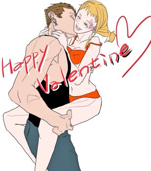 1boy 1girl balflear black_tank_top blonde_hair blue_eyes braid breasts brown_hair ear_piercing final_fantasy final_fantasy_xii flower hair_flower hair_ornament happy_valentine hetero highres long_hair navel open_mouth penelo piercing simple_background siotomato smile swimsuit tank_top twin_braids twintails white_background