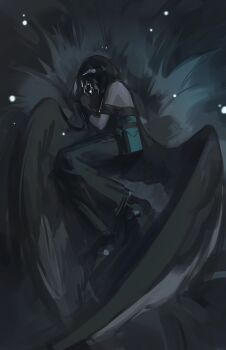 1girl absurdres black_dress black_gloves black_hair black_wings capelet commentary dress full_body gloves grey_capelet highres horns lying magpie_(phyriaxi) on_side original phyriaxi solo white_horns wings