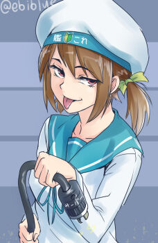 10s 1girl brown_hair clothes_writing ebiblue error_musume female_focus girl_holding_a_cat_(kancolle) kantai_collection personification plug red_eyes school_uniform serafuku short_twintails shoshinsha_mark solo tongue tongue_out twintails upper_body