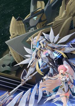 Rule 34 | 1girl, absurdres, aemeath (wuthering waves), ahoge, bare shoulders, breasts, commentary, elbow gloves, exostrider (wuthering waves), gloves, hair ornament, highres, holding, holding microphone, knightfury, leotard, mecha, medium breasts, microphone, orange eyes, parted lips, pink hair, robot, showgirl skirt, skirt, smile, solo, tacet mark (wuthering waves), white gloves, white leotard, white skirt, wuthering waves