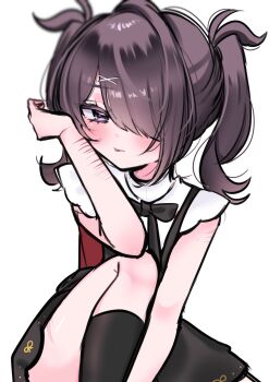 1girl :p ame-chan_(needy_girl_overdose) babumi_roriko between_legs black_eyes black_hair black_socks blush diagonal_bangs hair_over_one_eye hand_between_legs hand_up highres knee_up looking_at_viewer neck_ribbon needy_girl_overdose outstretched_arm red_shirt ribbon self-harm self-harm_scar shirt short_twintails sidelocks skirt socks solo suspender_skirt suspenders tongue tongue_out twintails winged_sleeves wrist_cutting