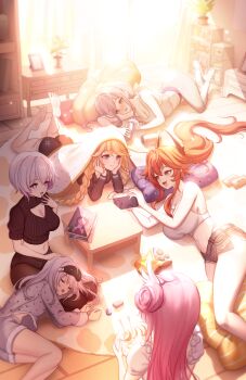 6+girls :d alternate_costume ass bare_shoulders barefoot beer_can black_pantyhose black_shirt black_shorts black_sweater blonde_hair blue_eyes blush book bookshelf braid breasts can casual chips_(food) cleavage cleavage_cutout closed_eyes closed_mouth clothing_cutout collarbone crop_top denim denim_shorts desk dorothy_(nikke) dress drink_can drooling earphones exposed_pocket fang flower-shaped_hair food full_body goddess_(nikke) goddess_of_victory:_nikke grey_hair grey_pajamas grey_shorts hair_between_eyes hair_bun hair_spread_out hands_on_own_cheeks hands_on_own_face highres holding holding_can holding_plate horns indoors lap_pillow large_breasts lego_brick liliweiss_(nikke) long_hair long_sleeves looking_at_another low_twin_braids lying mechanical_horns micro_shorts midriff mouth_drool multicolored_hair multiple_girls navel official_alternate_costume official_alternate_hairstyle on_side on_stomach open_mouth pajamas panties panties_under_pantyhose pants pantyhose picture_book pillow pink_hair plant plate ponytail potted_plant radio rapunzel_(nikke) rapunzel_(pure_grace)_(nikke) red_hair red_hood_(nikke) red_hood_(retro_days)_(nikke) revision ribbed_sweater scarlet_(black_shadow)_(nikke) scarlet_(nikke) shadow shared_earphones shelf shirt short_hair short_shorts short_sleeves shorts sidelocks single_side_bun sitting sleep_mask sleeping small_breasts smile snow_white_(innocent_days)_(nikke) snow_white_(nikke) standing star-shaped_pupils star_(symbol) sweater symbol-shaped_pupils tank_top trhisell twin_braids underwear very_long_braid very_long_hair white_dress white_hair white_pants white_tank_top yellow_eyes