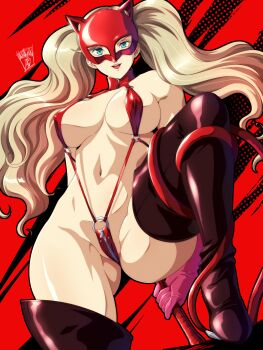 aqua_eyes blonde_hair bondage_outfit boots breasts cat_mask censored cleavage clitoral_hood danmakuman gloves gluteal_fold high_collar highres holding holding_whip mask navel nipples nude open_mouth persona persona_5 pink_gloves pussy raised_eyebrow red_slingshot_swimsuit slingshot_swimsuit swimsuit takamaki_anne thigh_boots twintails whip